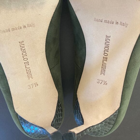 Manolo Blahnik Bipunta Leather Suede Olive Green Pumps Heels IOB EU 37.5 US 7 - Picture 11 of 16